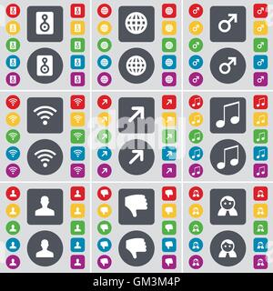 Altoparlante, Globe, simbolo di Marte, Wifi, schermo intero, nota, avatar, antipatia, Avatar icona simbolo. Un grande insieme di Piana, pulsanti colorati per il vostro design. Vettore Illustrazione Vettoriale