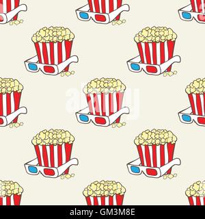 Vettore di Seamless pattern con doodle pop corn cesti e stelle Illustrazione Vettoriale