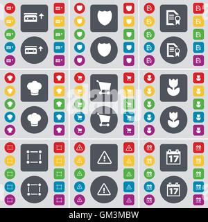 Cassetta, Badge, file di testo, cottura hat, carrello, fiore, telaio, avviso Calendario icona simbolo. Un grande insieme di Piana, colore Illustrazione Vettoriale