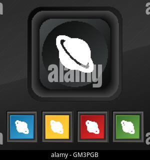 Pianeta Giove icona simbolo. Set di cinque colorate, eleganti pulsanti sulla texture nera per il vostro design. Vettore Illustrazione Vettoriale