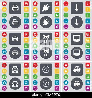Stampante, Socket, Freccia giù, auto, prua, Monitor, avatar, Freccia sinistra, Car icona simbolo. Un grande insieme di Piana, pulsanti colorati per il vostro design. Vettore Illustrazione Vettoriale