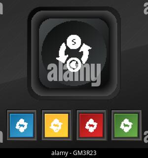 Cambio valuta icona simbolo. Set di cinque colorate, eleganti pulsanti sulla texture nera per il vostro design. Vettore Illustrazione Vettoriale