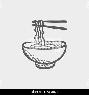 Ciotola di tagliatelle con una coppia bastoncini icona schizzo Illustrazione Vettoriale