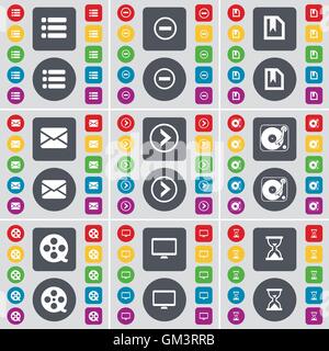 Elenco, meno, file, messaggi, Freccia a destra, il grammofono, videocassette, Monitor, Clessidra icona simbolo. Un grande insieme di Piana, pulsanti colorati per il vostro design. Vettore Illustrazione Vettoriale