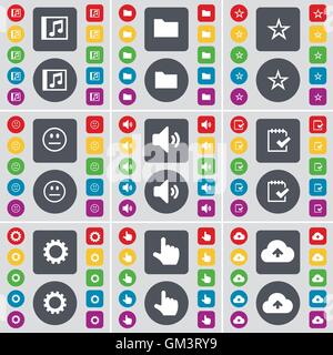 Finestra Musica, cartella, stella, sorriso, suono, indagine, ingranaggio, mano, Cloud icona simbolo. Un grande insieme di Piana, pulsanti colorati per il vostro d Illustrazione Vettoriale