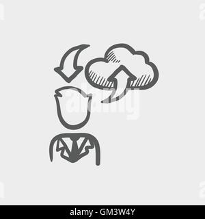 L'uomo con il cloud per caricare e scaricare le frecce icona schizzo Illustrazione Vettoriale