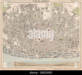 La città di Liverpool mappa della città. Mersey sezione del tunnel. Ward confini.LETTS 1889 Foto Stock