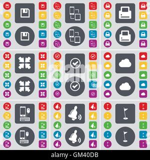 Unità Floppy, Connessione stampante, distribuzione di schermo, tick, Cloud, Smartphone, Bell, foro Golf Icona simbolo. Un grande insieme di Piana, pulsanti colorati per il vostro design. Vettore Illustrazione Vettoriale