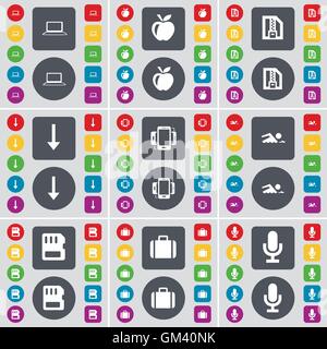 Computer portatile Apple, scheda ZIP, Freccia giù, connessione nuotatore, scheda SIM, valigia, microfono icona simbolo. Un grande insieme di Piana, colore Illustrazione Vettoriale
