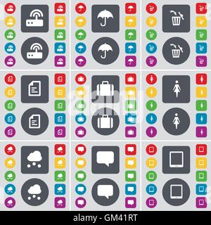 Router, ombrello, Cestino, file di testo, valigia, Silhouette, Cloud, Chat bolla, Tablet PC icona simbolo. Un grande insieme di Piana, pulsanti colorati per il vostro design. Vettore Illustrazione Vettoriale