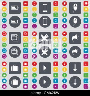 Batteria, Smartphone, mouse, finestra, forchetta e coltello, megafono, valigia, riproduzione multimediale, Freccia giù icona simbolo. Un grande insieme di piatta Illustrazione Vettoriale