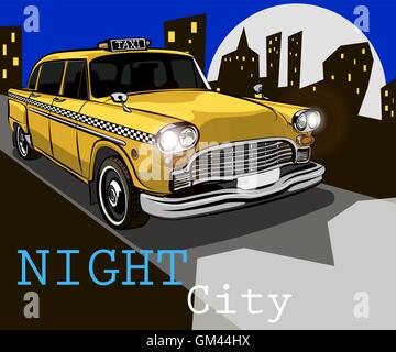Taxi sullo sfondo della città di notte Illustrazione Vettoriale
