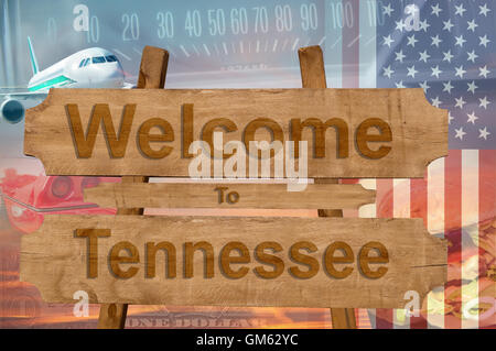 Benvenuti in Tennessee State NEGLI STATI UNITI segno su legno, tema travell Foto Stock