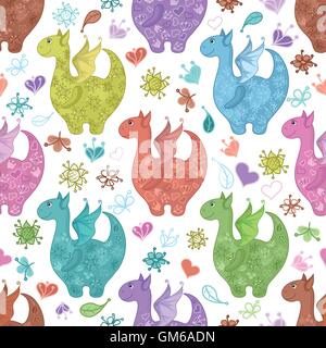Seamless pattern, cartoon draghi colorati Illustrazione Vettoriale