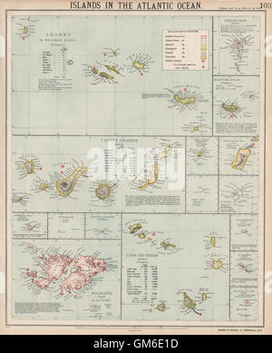 Isole atlantiche. Azzorre Madera Canarie Capo Verde Falklands. LETTS 1889 mappa Foto Stock