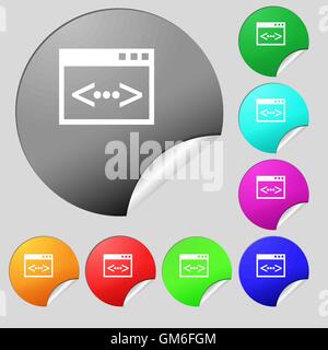 Codice icona segno. Simbolo di programmatore. Set di otto multi colore pulsanti rotondi, adesivi. Vettore Illustrazione Vettoriale