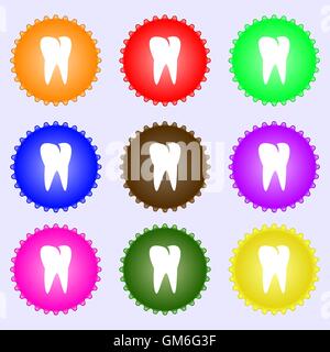 Icona del dente. Un insieme di nove diverse etichette colorate. Vettore Illustrazione Vettoriale