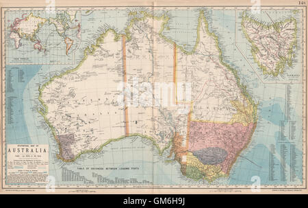 AUSTRALIA. Bianco=inesplorate. Viola e verde=migliore paese di pecora. LETTS 1889 mappa Foto Stock