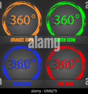 Angolo di 360 gradi icona segno. La geometria di simboli matematici. Rotazione completa. Alla moda in stile moderno. In arancione, verde, blu, rosso design. Vettore Illustrazione Vettoriale