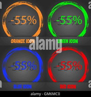 55 percento di sconto segno icona. Vendita simbolo. Offerta speciale etichetta. Alla moda in stile moderno. In arancione, verde, blu, rosso desig Illustrazione Vettoriale