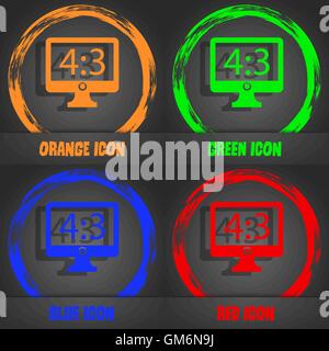 Il rapporto di aspetto 4 3 TV widescreen icona segno. Alla moda in stile moderno. In arancione, verde, blu, rosso design. Vettore Illustrazione Vettoriale