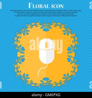 Il mouse del computer segno icona. Unità ottica con simbolo della ruota. Floral design piatto su un blu sfondo astratto con posto per il vostro testo. Illustrazione Vettoriale