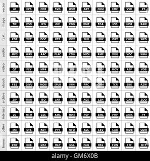 100 tipi di file icone in semplice stile piatto per grafica web design. Simbolo isolato su sfondo bianco. Illustrazione Vettoriale