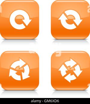 4 icona a forma di freccia. Aggiornamento del bianco, ricaricare, rotazione, ripetere il segno. Impostare 04. Arancione il quadrato con angoli arrotondati con pulsante riflesso grigio Illustrazione Vettoriale