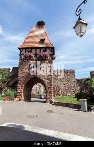 Torre dell orologio nel villaggio Alsacien Chatenois. Foto Stock