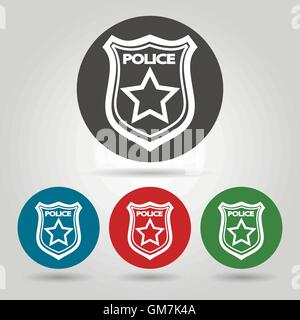 Badge di polizia set di simboli. Icone di piatto su sfondi colorati. Illustrazione Vettoriale