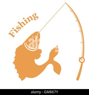 Icona stilizzata con grande pesce catturato l'asta e un'iscrizione: " Pesca " su sfondo bianco Illustrazione Vettoriale