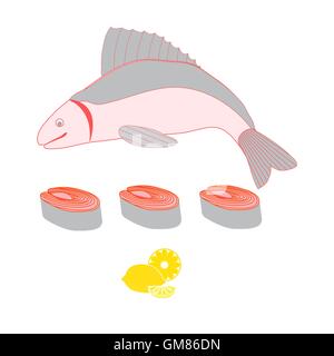Illustrazione colorata di un pesce intero e tagliato a pezzi e limone su sfondo bianco Illustrazione Vettoriale