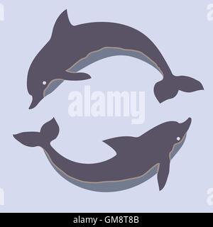 Due delfini di salto. Design per il logo, illustrazione, t-shirt, borsa, tatuaggi, annunci ecc. Illustrazione Vettoriale