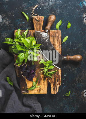 Fresco verde e viola e le foglie di basilico con erbe dei coltelli del trinciapaglia Foto Stock