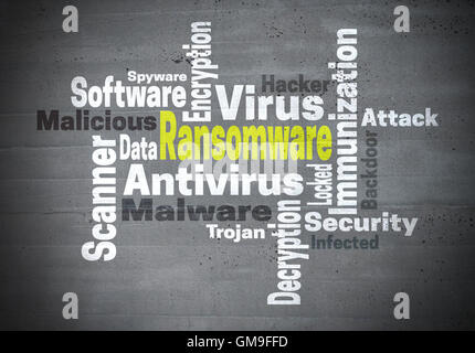 Ransomware immunizzazione antivirus parola concetto di cloud computing. Foto Stock