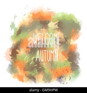 Benvenuto autunno. disegnati a mano scritte su sfondo ad acquerello Illustrazione Vettoriale