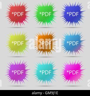 File PDF icona documento. Download pdf pulsante. Estensione file PDF simbolo. Nove originale pulsanti ad ago. Vettore Illustrazione Vettoriale