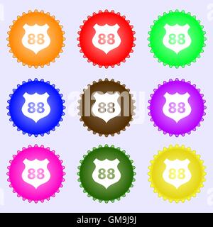 Route 88 autostrada icona segno. Un insieme di nove diverse etichette colorate. Vettore Illustrazione Vettoriale