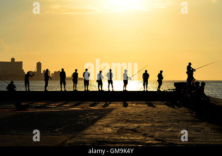 Ogni giorno, prima del tramonto, decine di pescatori si incontrano nel Malecon (l'Avana del porto). Foto Stock