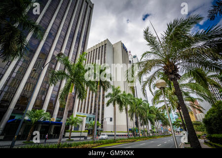 Palme e edifici lungo Makati Avenue, in Makati, Metro Manila nelle Filippine. Foto Stock