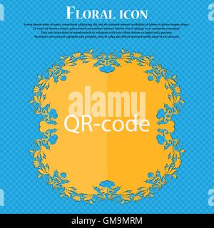 Il codice QR-code segno icona. Codice di scansione Symbol. Floral design piatto su un blu sfondo astratto con posto per il vostro testo. Vettore Illustrazione Vettoriale