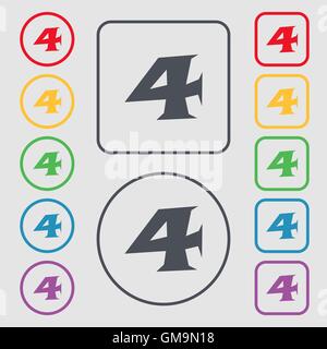Numero quattro segno icona. Simboli sul Round e i pulsanti quadrati con il telaio. Vettore Illustrazione Vettoriale