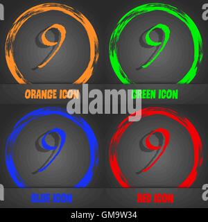 Numero Nove icona segno. Alla moda in stile moderno. In arancione, verde, blu, rosso design. Vettore Illustrazione Vettoriale