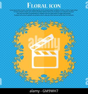 Cinema battaglio segno icona. La telecamera video simbolo. Floral design piatto su un blu sfondo astratto con posto per il vostro testo. Vettore Illustrazione Vettoriale