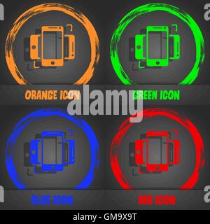 Segno di sincronizzazione icona. smartphone simbolo di sincronizzazione. Lo scambio di dati. Alla moda in stile moderno. In arancione, verde, blu, rosso design. Vettore Illustrazione Vettoriale