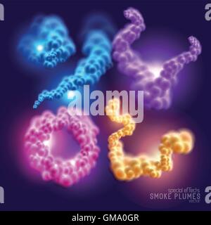 Fantastico colorato anelli di fumo, soffici nuvole e pennacchi di fumo. Illustrazione Vettoriale. Illustrazione Vettoriale