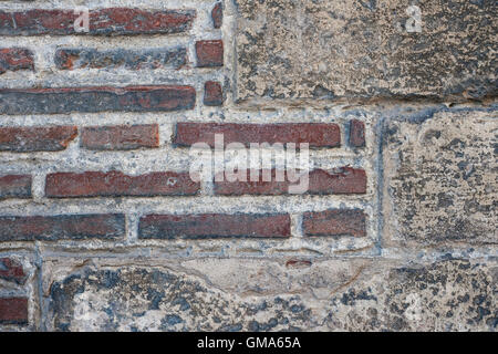 Frammento di un vecchio in mattoni e muro di pietra. Saint Sernin Basilica, Toulouse, Francia. Foto Stock