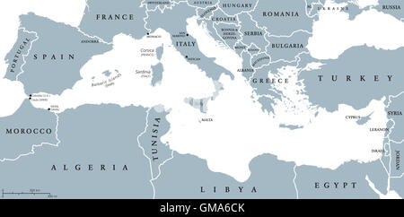Mare Mediterraneo paesi della regione mappa politico con i confini nazionali. Per il Sud Europa, del Nord Africa e del Vicino Oriente. Foto Stock
