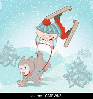 Felice ragazzo con cani husky guida su natale montagna invernale Illustrazione Vettoriale