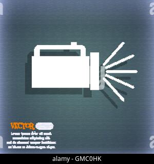 Icona di torcia segno. Sul blu-verde sfondo astratto con ombra e lo spazio per il tuo testo. Vettore Illustrazione Vettoriale